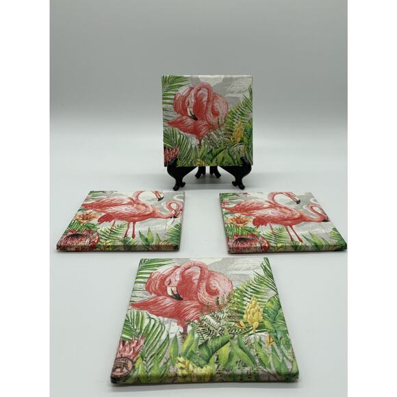 Handmade Decoupage Tile Flamingo Drink Coasters 4.25" - Picture 1 of 6